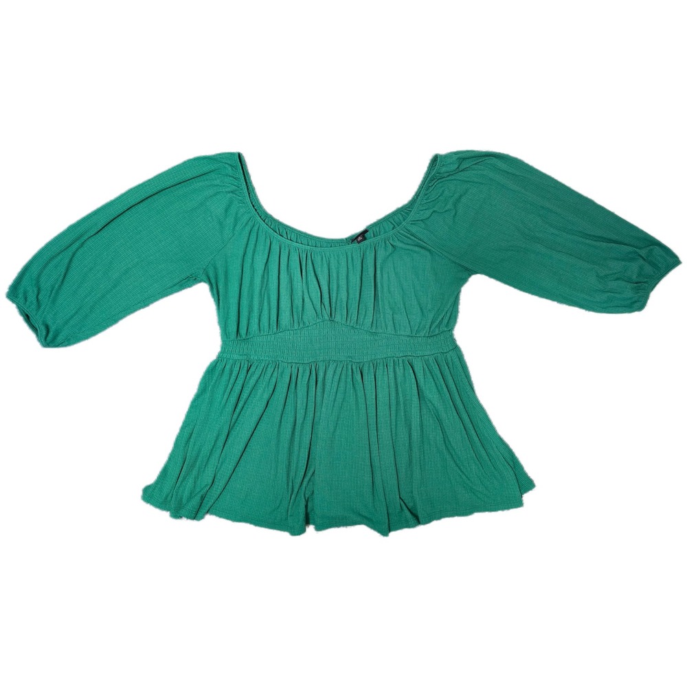 Torrid Peplum Blouse Womens 2 Green Excellent Ribbed‎ Smocked Puff Sleeve Top